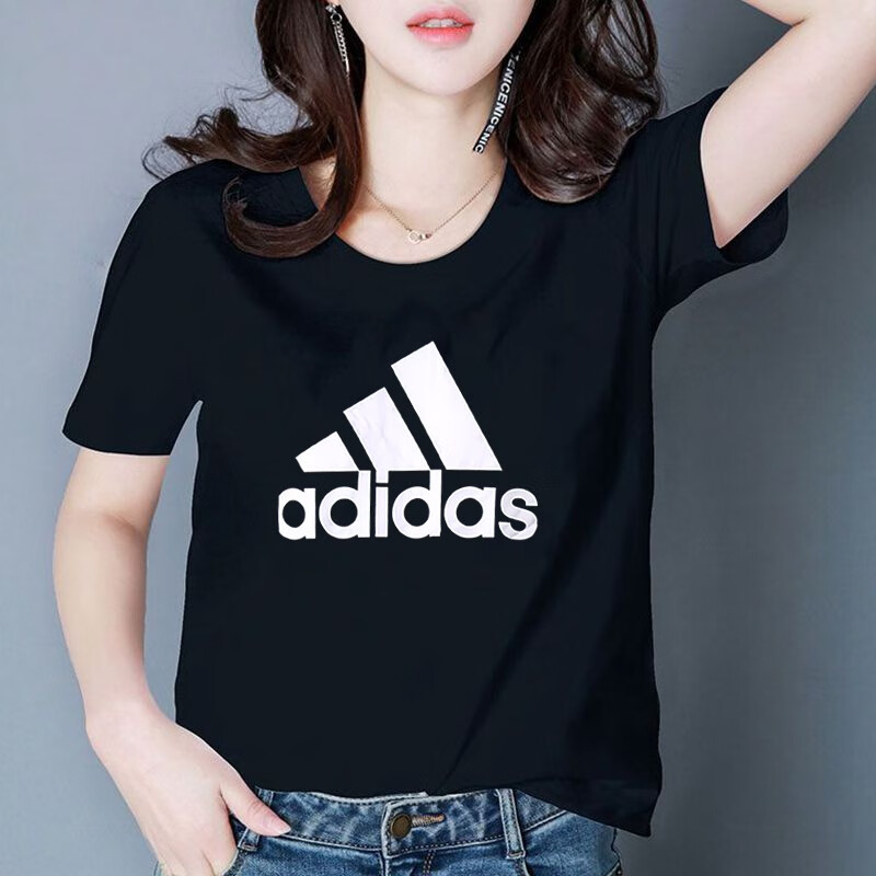 阿迪達斯短袖女運動健身休閑圓領上衣棉質透氣白色大標T恤女 GL0722