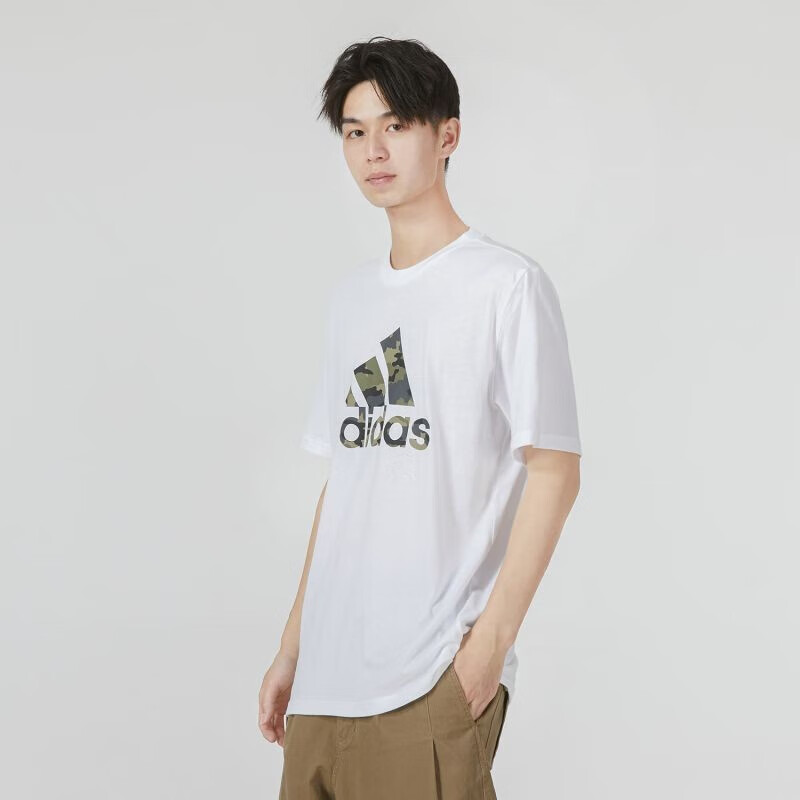 阿迪達(dá)斯短袖T恤男運(yùn)動服迷彩印花大logo休閑圓領(lǐng)衫寬松上衣 HE2371
