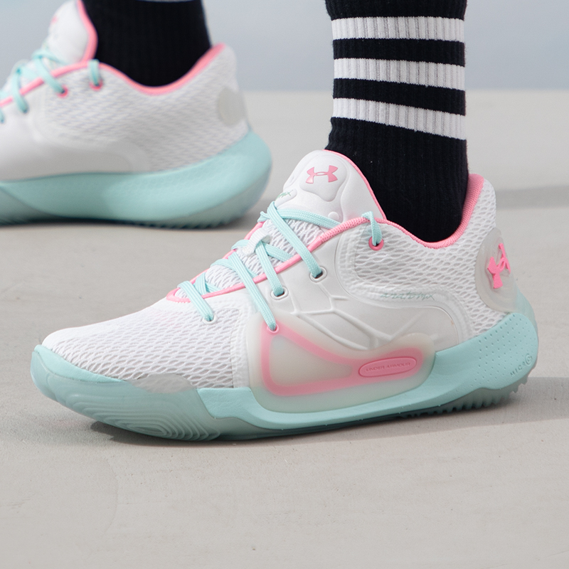 安德瑪U(kuò)A Spawn 2白粉綠男子低幫實(shí)戰(zhàn)訓(xùn)練緩震籃球鞋 3022626-104