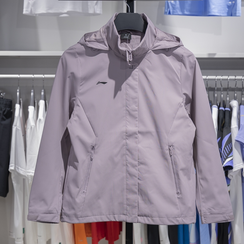 李寧外套女士2024秋冬款防風防潑水保暖連帽休閑運動風衣AFDUA18-11