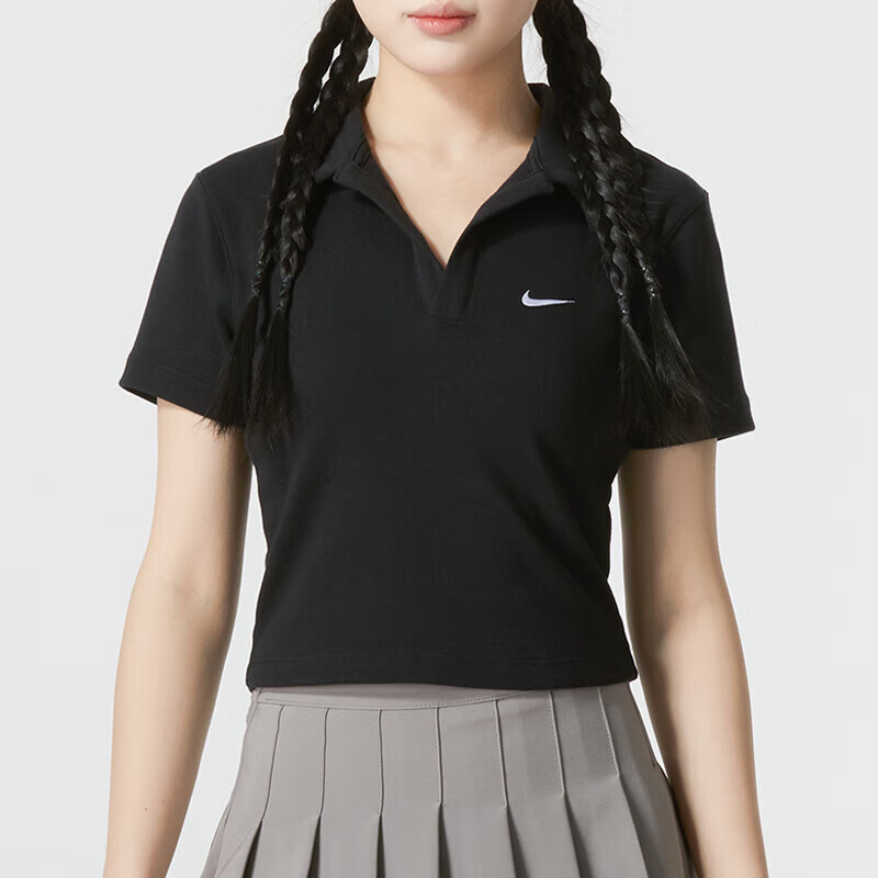 NIKE耐克女子POLO衫款刺繡小勾短款翻領T恤DV7885-010