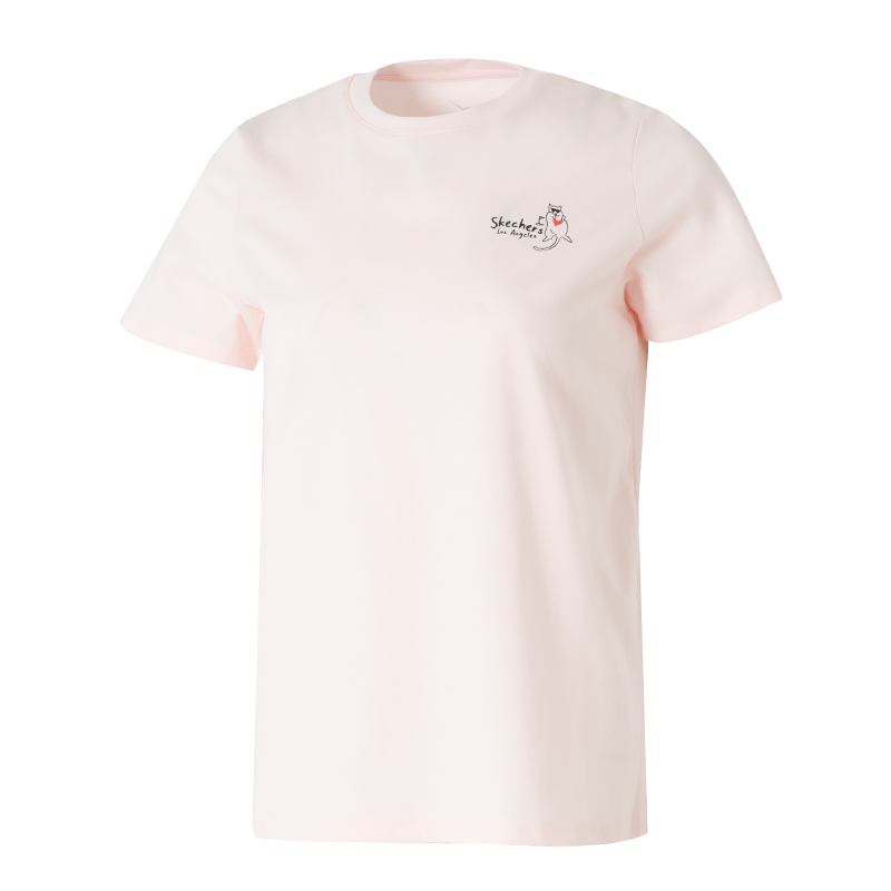 斯凱奇短袖女25新款蜜粉色圓領(lǐng)時尚卡通休閑運動透氣T恤半袖P225W302-00F2