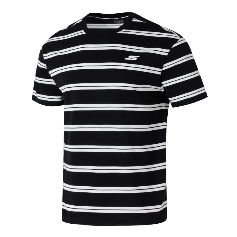 斯凱奇正品新款夏季中性圓領(lǐng)橫條紋運(yùn)動(dòng)短袖T恤P225U121-0019