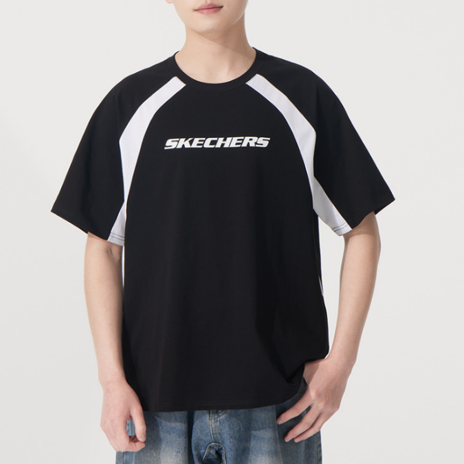 斯凱奇正品新款夏季男款圓領(lǐng)針織拼接短袖T恤P225U126-0019